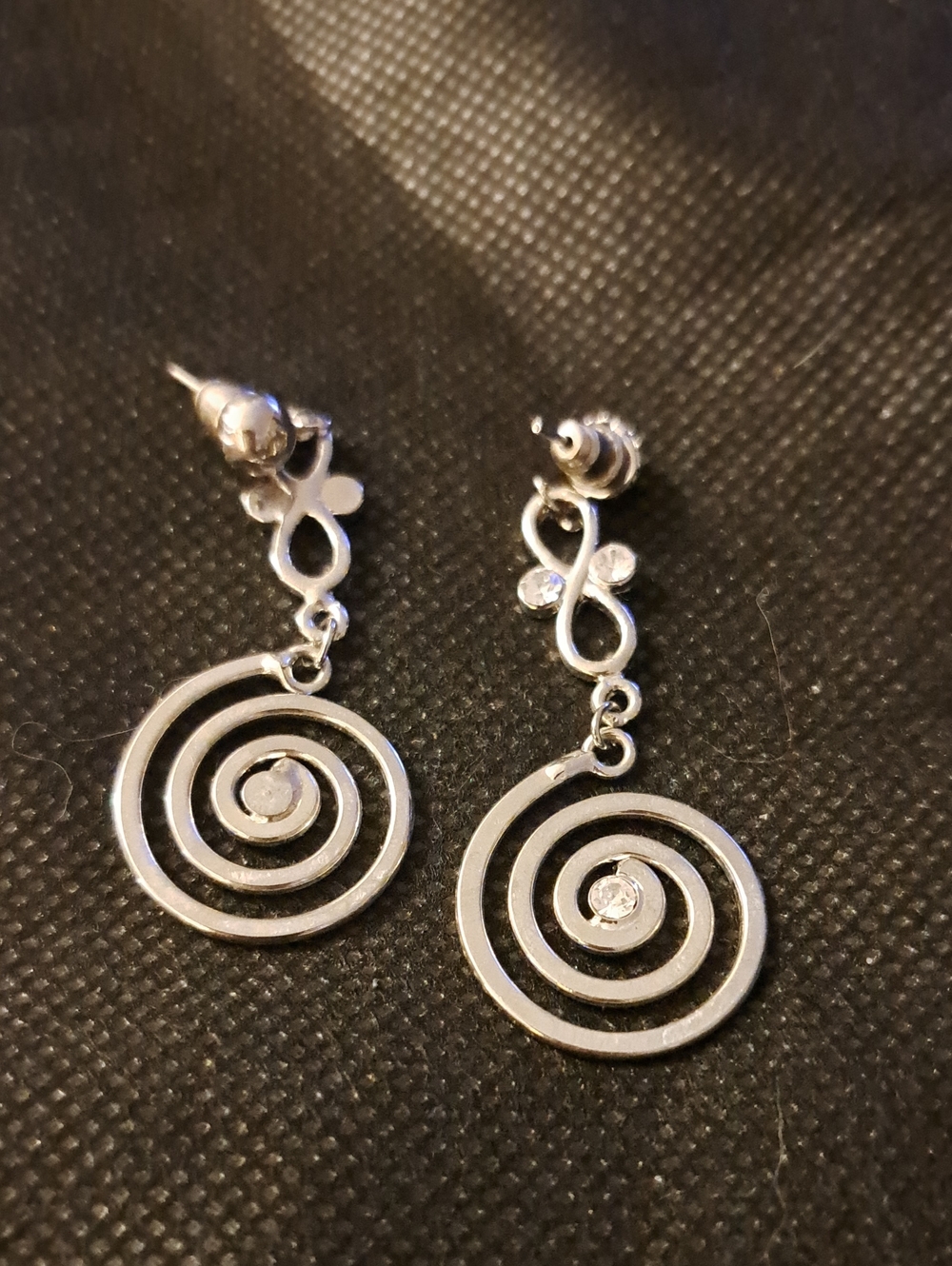 Silver Spiral Drop Earrings with Crystal Detail